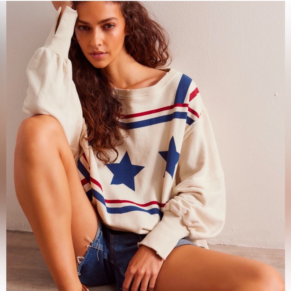 Free People Cream Pullover with Blue Stars and Red Stripes